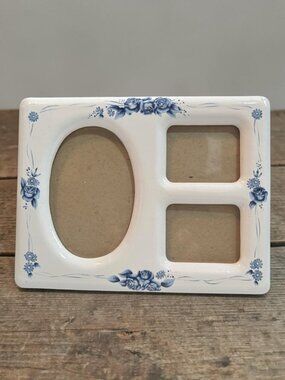 Blue & White Floral Ceramic Triple Photo Frame With Easel Back